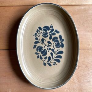 Vintage Tan and Blue Floral Oval Platter